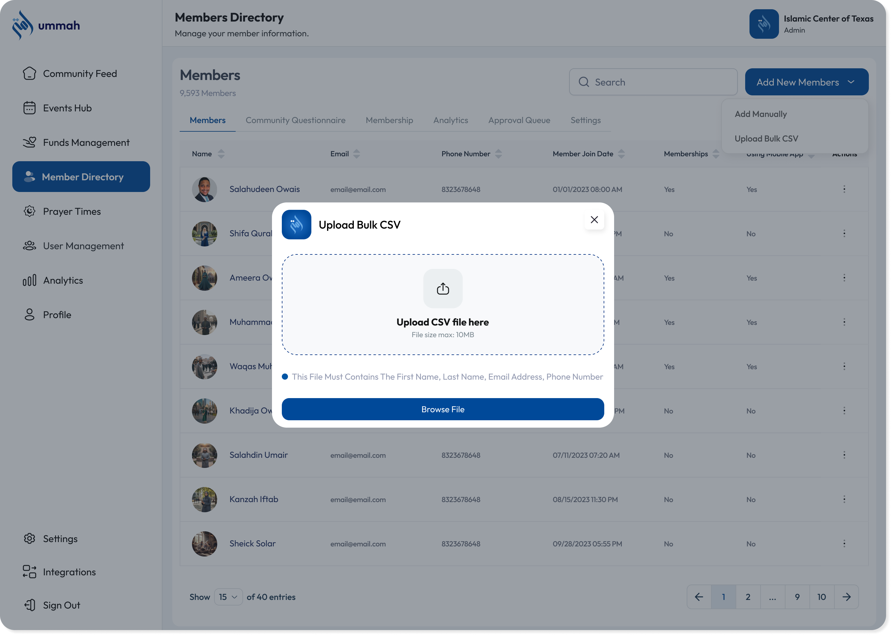 Bulk member import by CSV in the Ummah Community Portal