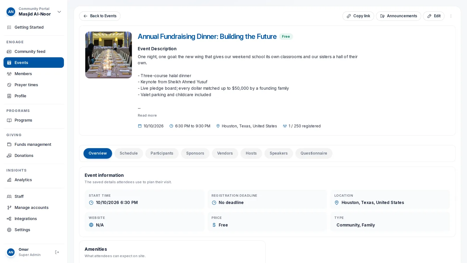 Everything about one event on one management page.