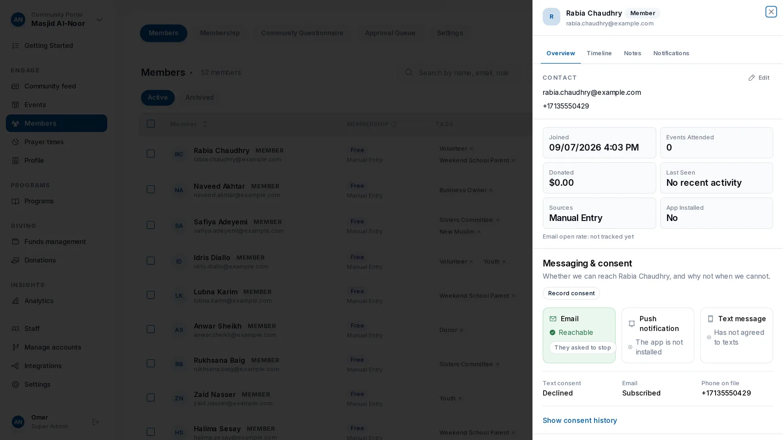 One profile per member: activity, giving, tags and contact.
