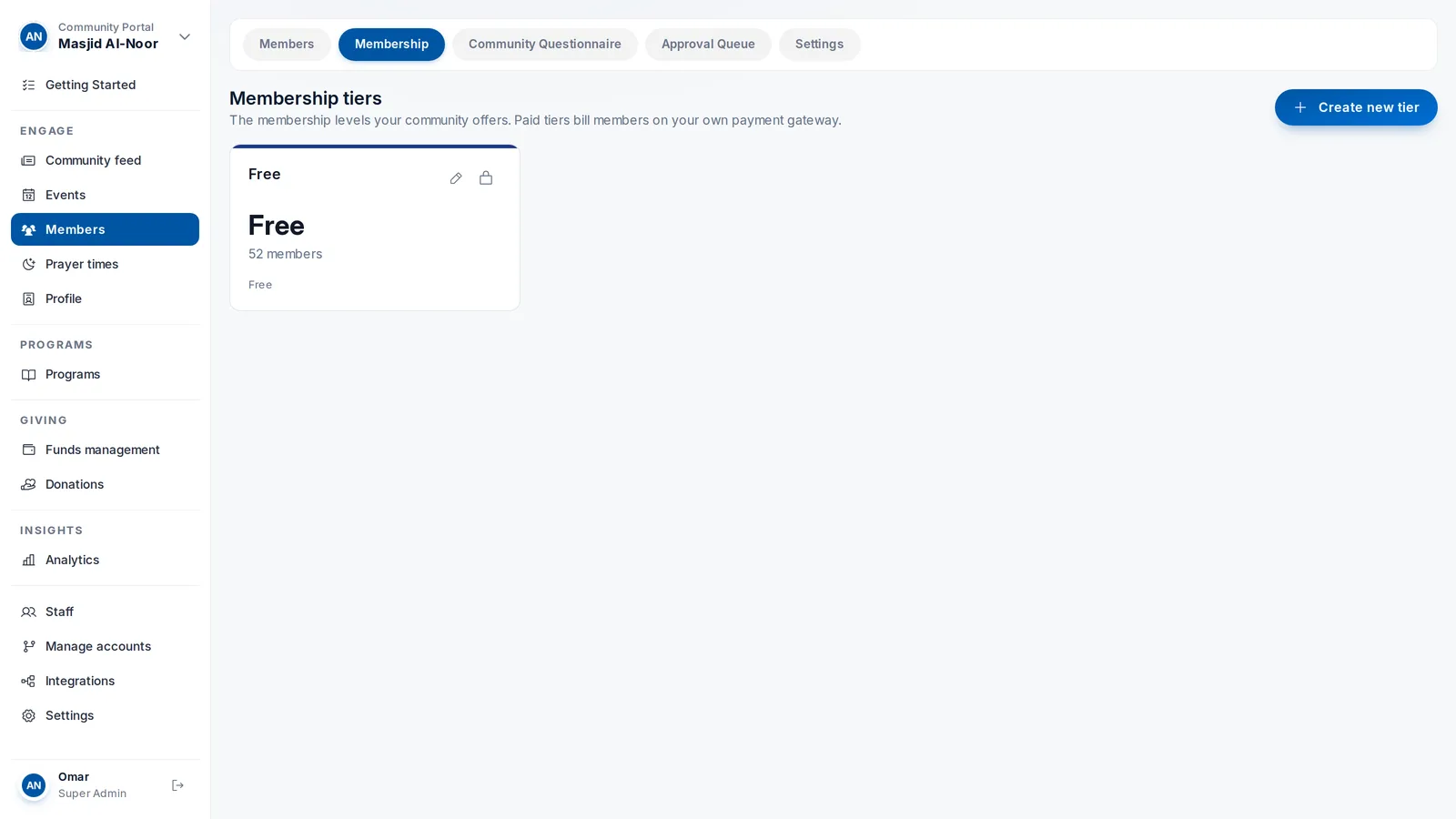 Membership tiers: free and paid, billed on your own gateway.