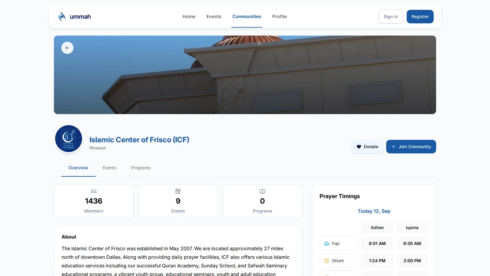A real community page: Islamic Center of Frisco, with prayer times, about, donate and join.